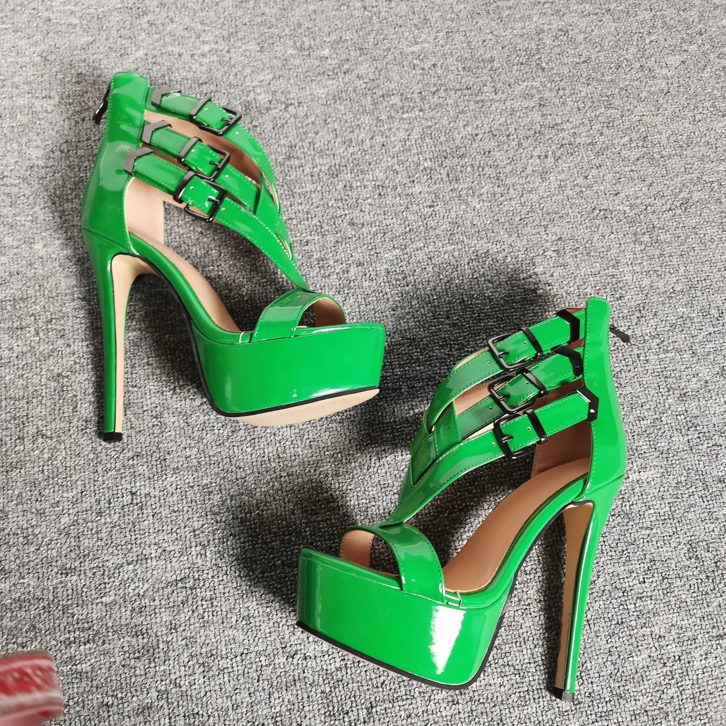 Green Patent Leather High Heel Strappy Sandals With Buckle for Women