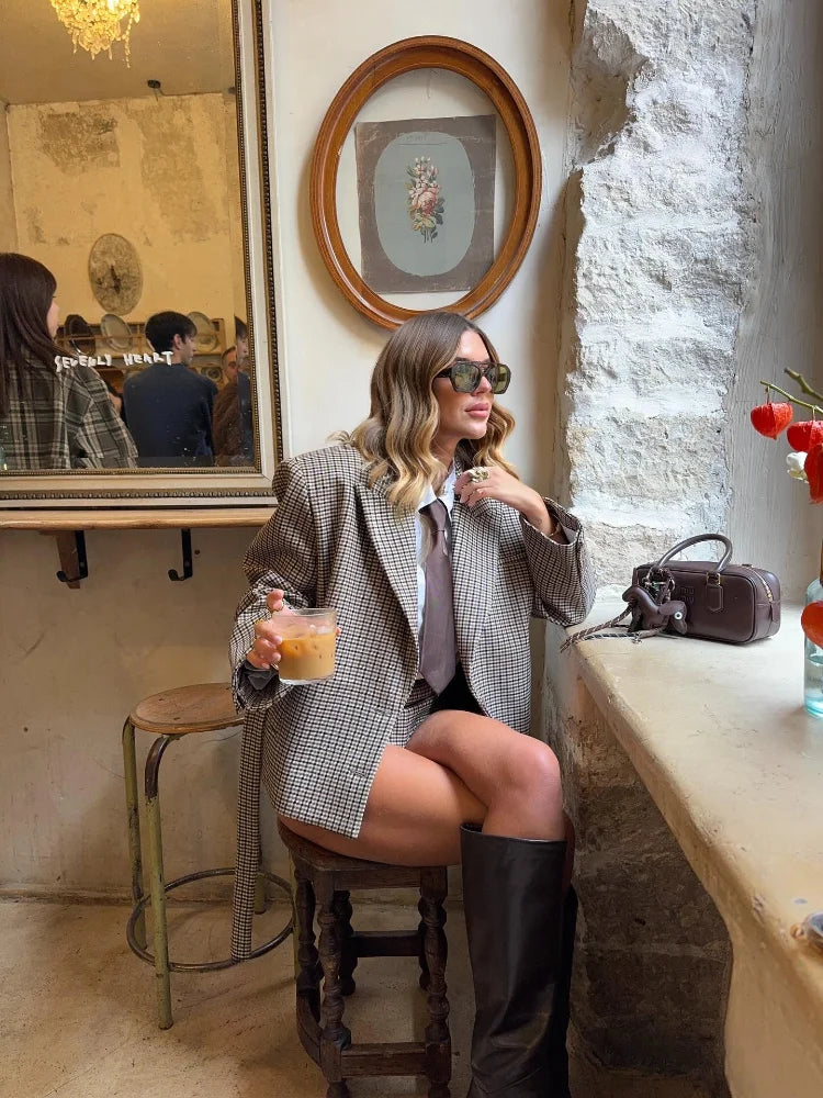 Vintage Plaid Lapel Blazer and Shorts Set for Women