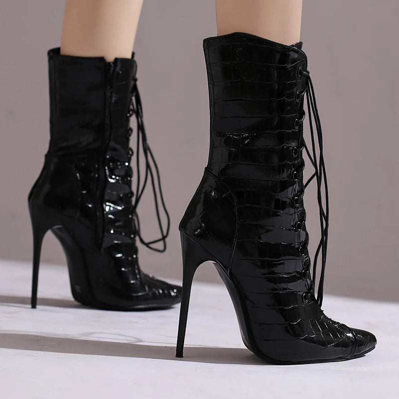 Alligator Pattern Lace Up Stiletto Ankle Boots for Women