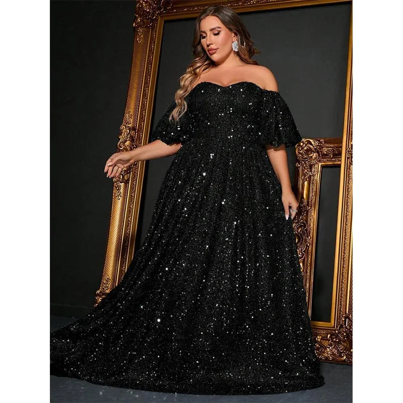 Plus Size Off-Shoulder Gray Silver Short-Sleeved Luxury Bridesmaid Evening Dress Banquet Bigsize Long Dress For Women 4xl 5xl