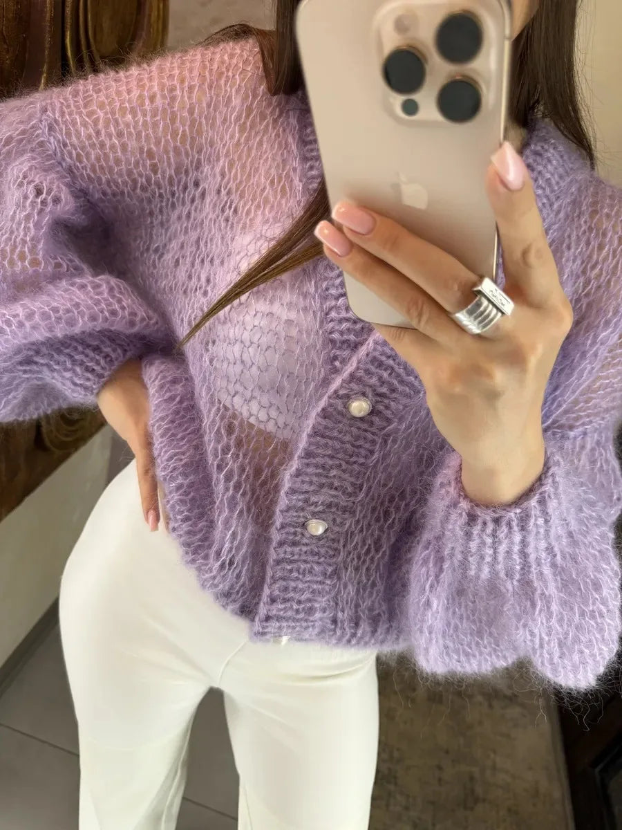 Loose Fit Open Knit V Neck Cardigan Sweater for Women
