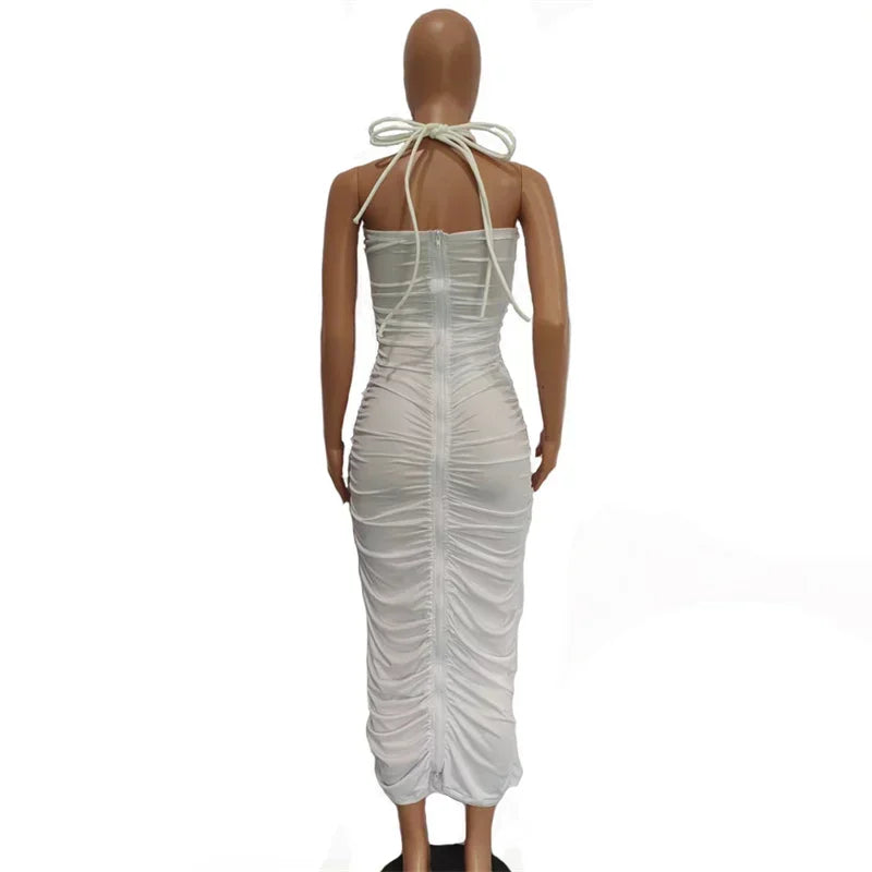 Solid Lace Up Caged Halter Backless Zipper Ruched Midi Dress for Women