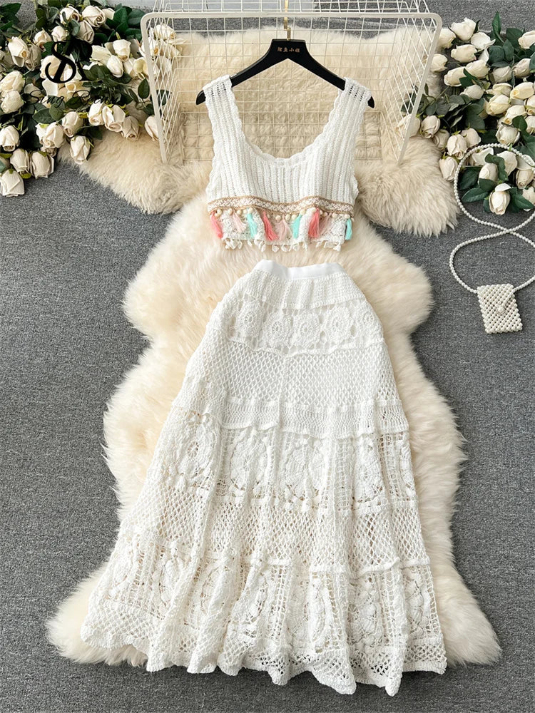 Bohemian Knit Tassel Crop Top and Skirt Set for Women