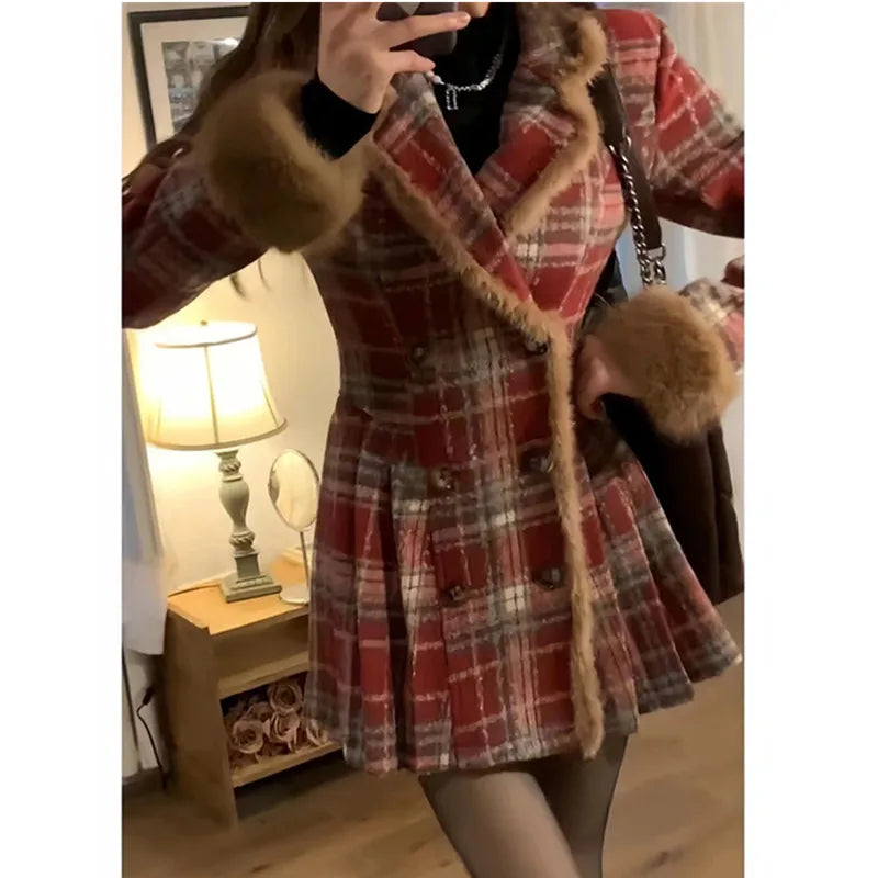 Women's Double Breasted Plaid Coat, Woolen Jacket , V-Neck, Loose Tops, Female Clothes, Sweet, New, Autumn, Winter