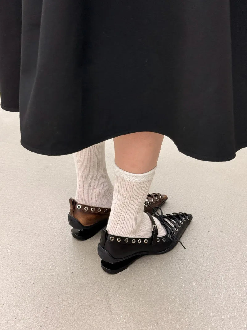Retro Pointed Toe Lace-Up Rivet Detail Pumps for Women