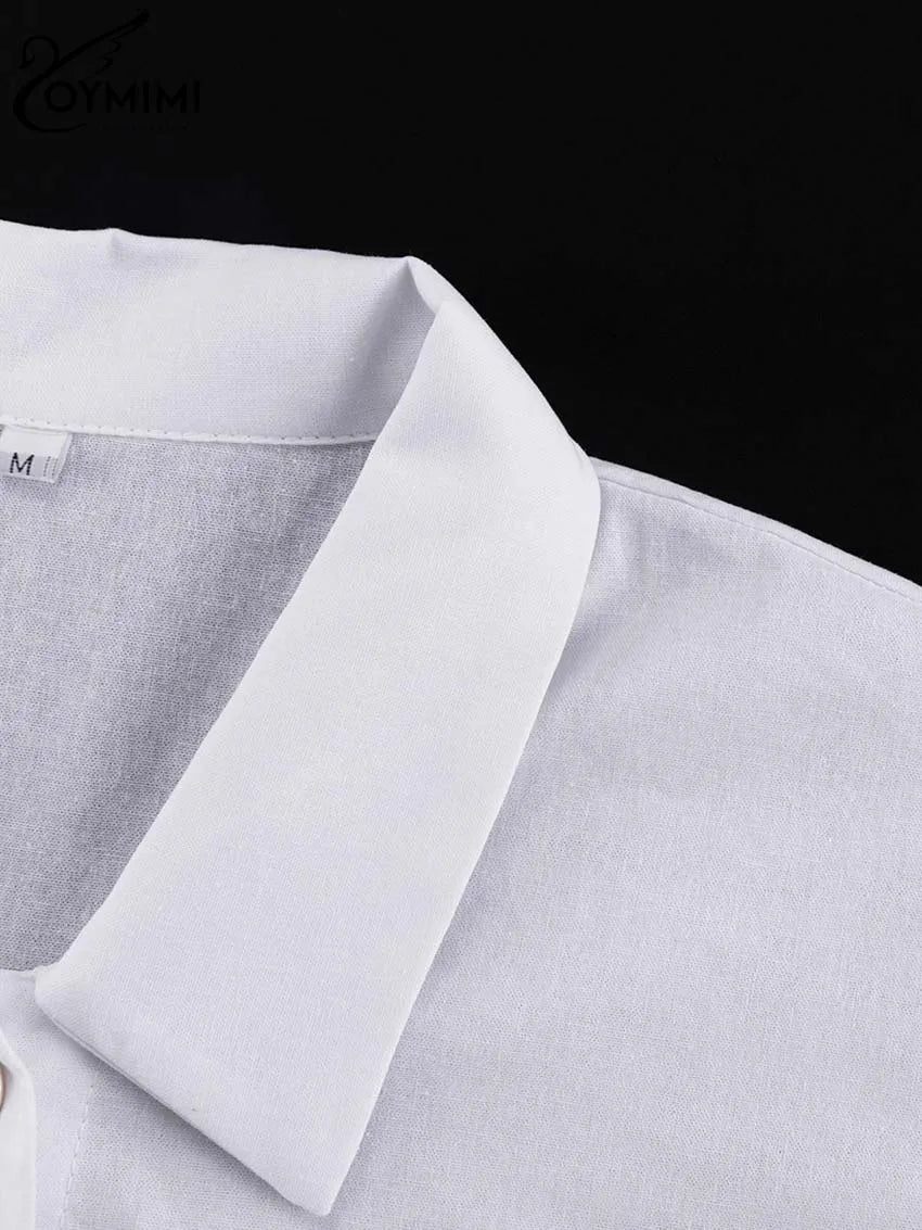 Oymimi Elegant White Cotton Sets For Women 2 Pieces Casual Lapel Long Sleeve Button Shirts And Ruffled Ankle-Length Pants Sets