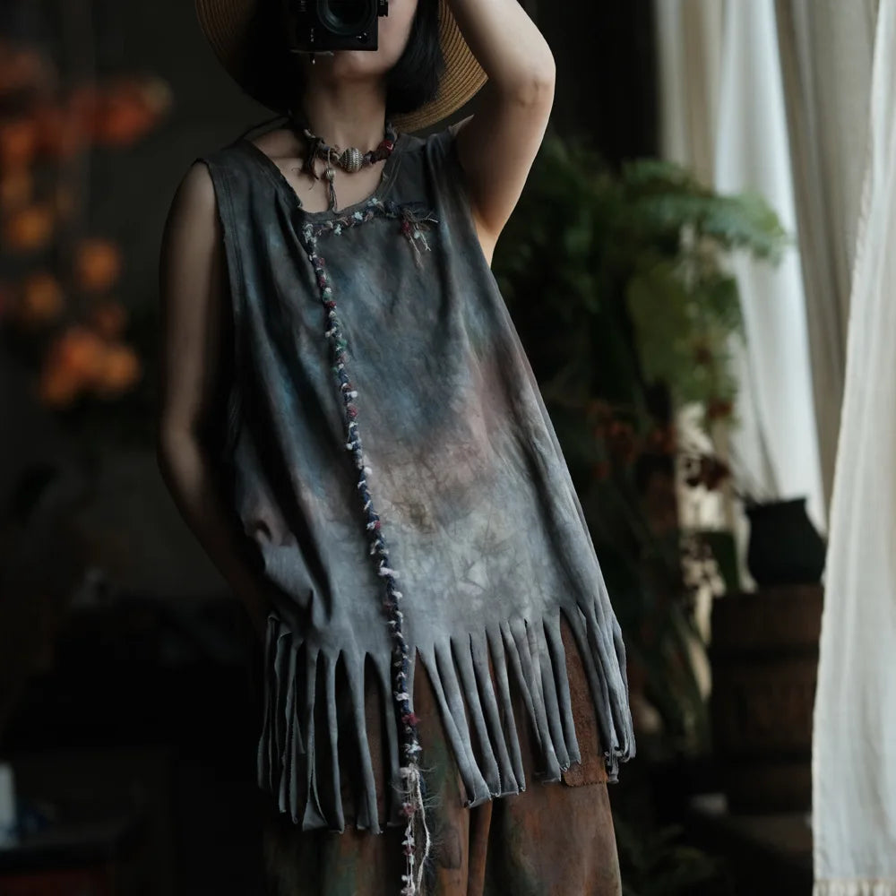 Casual Loose Fit Print Tassels Tank Top Cotton for Women