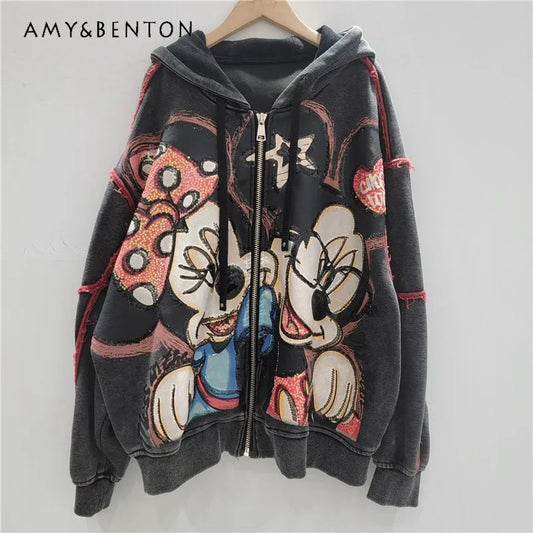 Autumn New Heavy Embroidery Cartoon Loose Coat Fashion Age-Reducing Hooded Jacket Zipper Long Sleeves Tie Top Outerwear Ladies