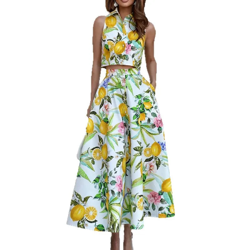 Lemon Print Sleeveless Top With Pocket Two Piece Set for Women
