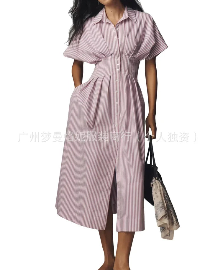 Elegant Striped Print Waist-Hugging A-Line Midi Dress for Women