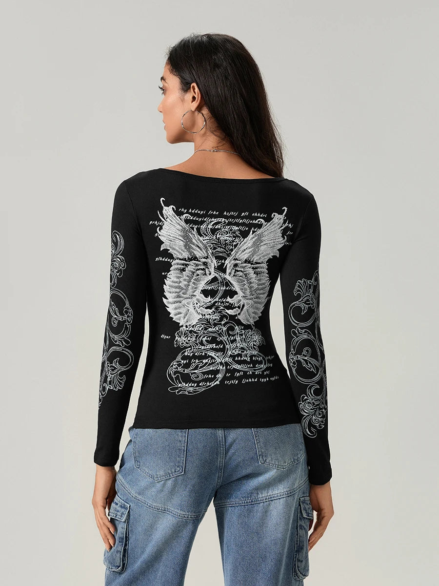 Gothic Rhinestone Graphic Long Sleeve Tee for Women