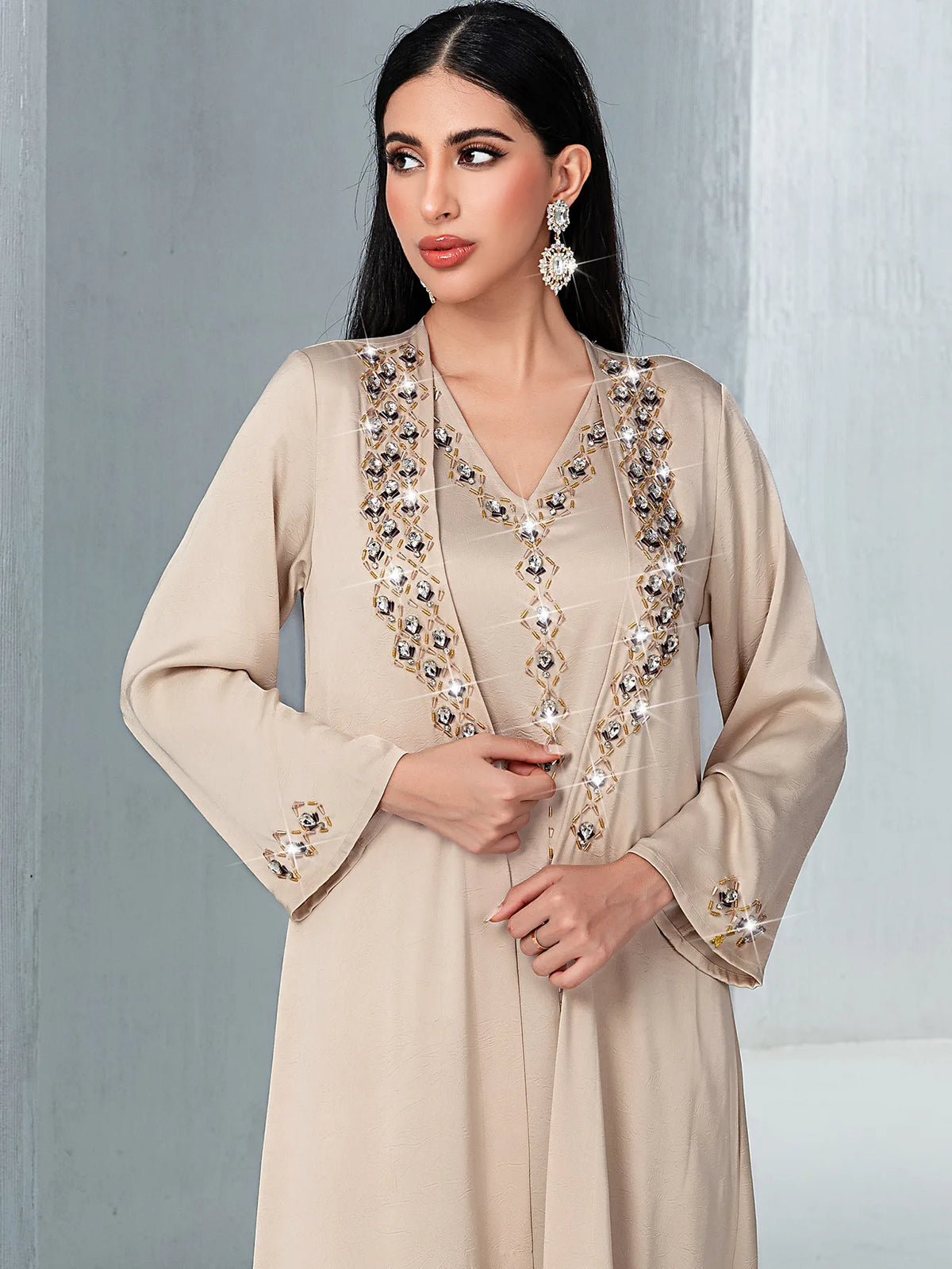 Diamond Embellished Two Piece Abaya Set for Women