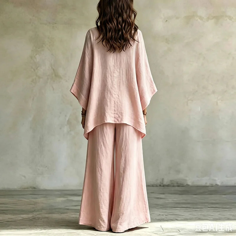 Boho Embroidered Blouse and Wide Leg Pants Set for Women