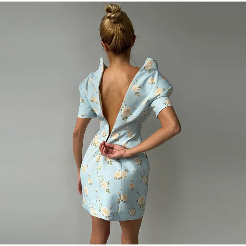Elegant Printed Short Sleeve Stand Collar Dress for Women