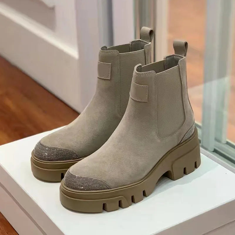 Thick Sole Suede Chelsea Boots With Round Toe For Women