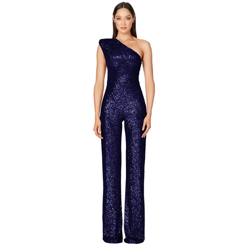 Sequined One Shoulder Wide Leg Jumpsuit