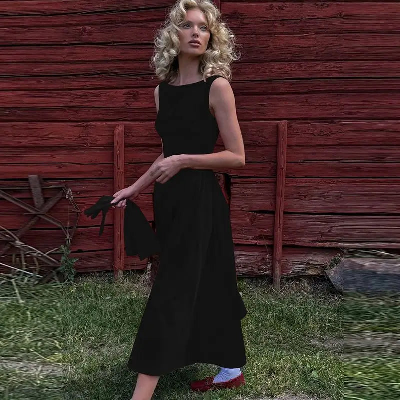 Solid Color Sleeveless Backless Dress with Waist Tie for Women