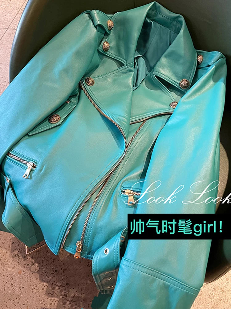 Bright Green Faux Leather Biker Jacket With Adjustable Waist For Women