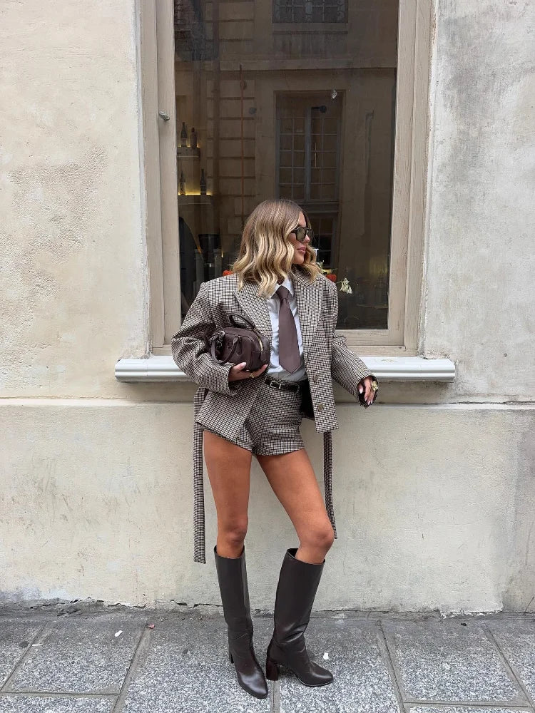 Vintage Plaid Lapel Blazer and Shorts Set for Women
