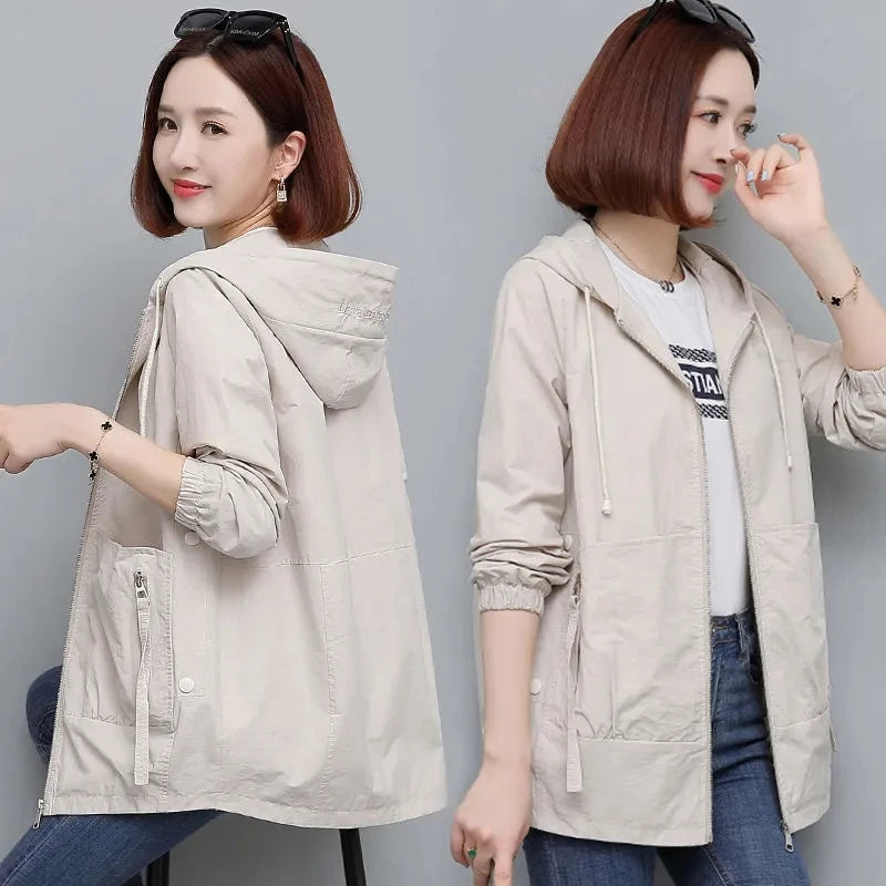 Lining Hooded Coat Female Spring And Autumn Temperament Short Jacket Casual Short Trench Coat Female Hooded Outwear Khaki