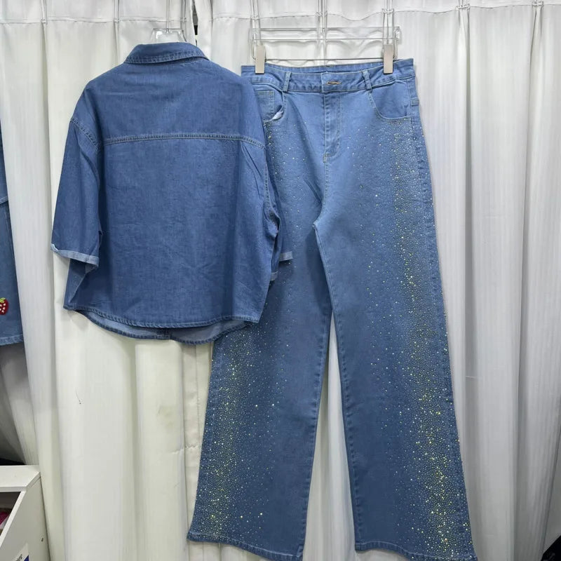 ANJY Autumn New Women's 2 Pieces Set Fashion Full Diamonds Short Sleeve Denim Shirt Elegant Fresh Straight Chic Ins Jeans A15818
