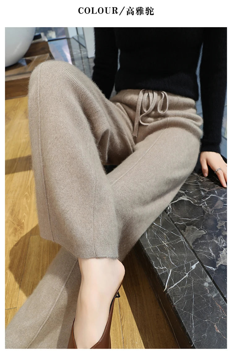 Elastic Waist Wide-Leg Knitted Cashmere Trousers for Women