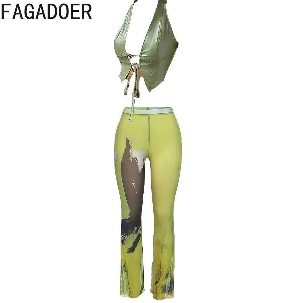 FAGADOER Y2k Sexy Tie Dye Printting Woman 2 Piece Set Outfit Halter Bandage Patchwork Crop Top and Flare Pants Female Streetwear