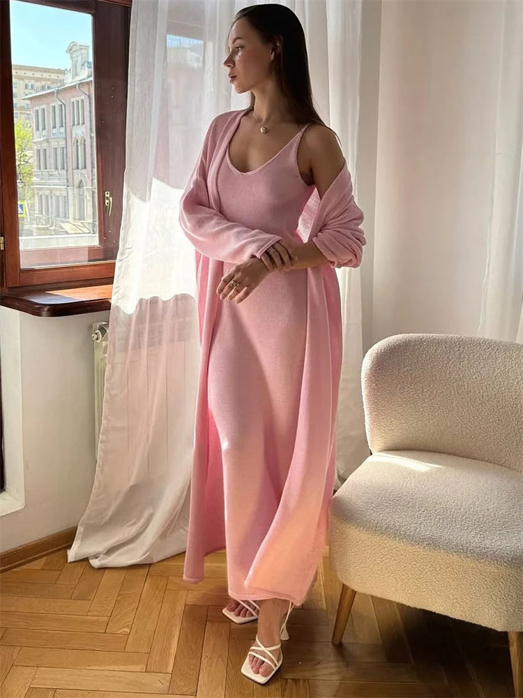 V-Neck Ribbed Knit Maxi Dress Set