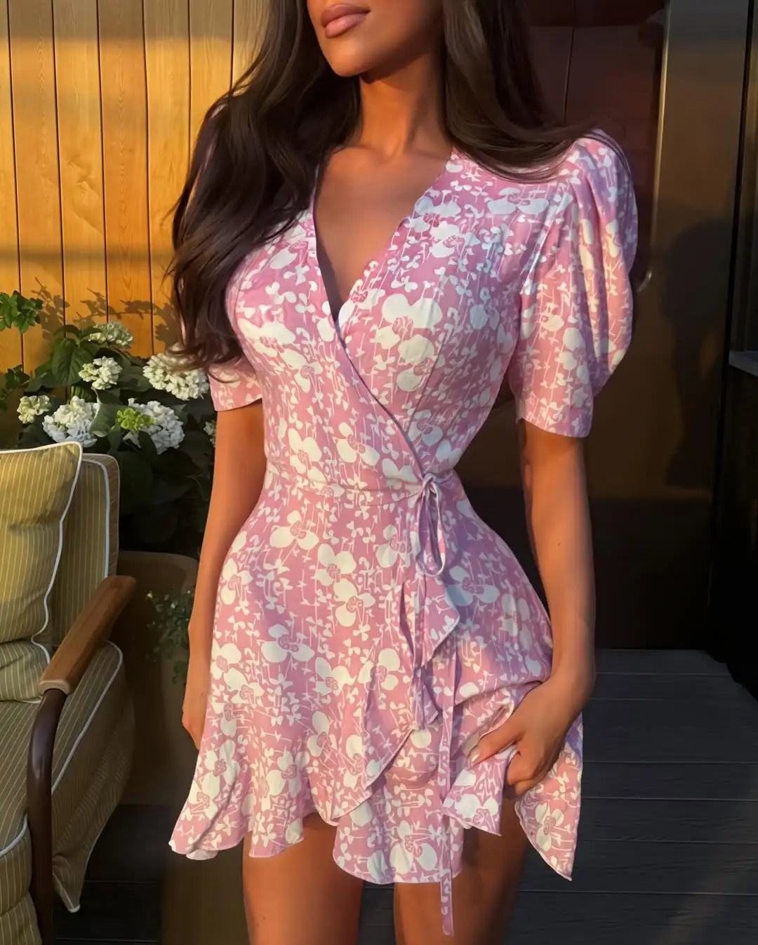 Floral Printed Lace Up Puff Sleeve Mini Dress for Women