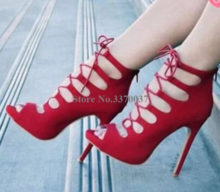 Lace Up Cross Strap Peep Toe Suede Leather Stiletto Pumps for Women