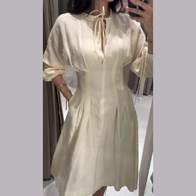 Lace Up Pleated Lantern Sleeve Midi Dress for Women