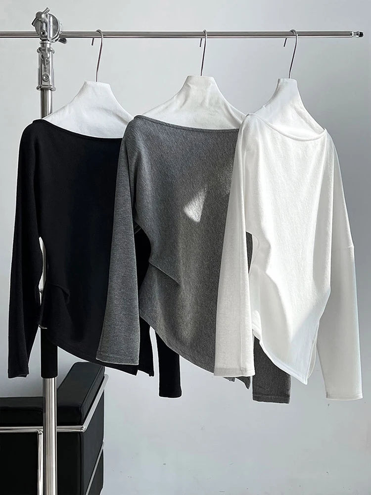 Black Pleated Asymmetrical Collar Sweatshirt for Women