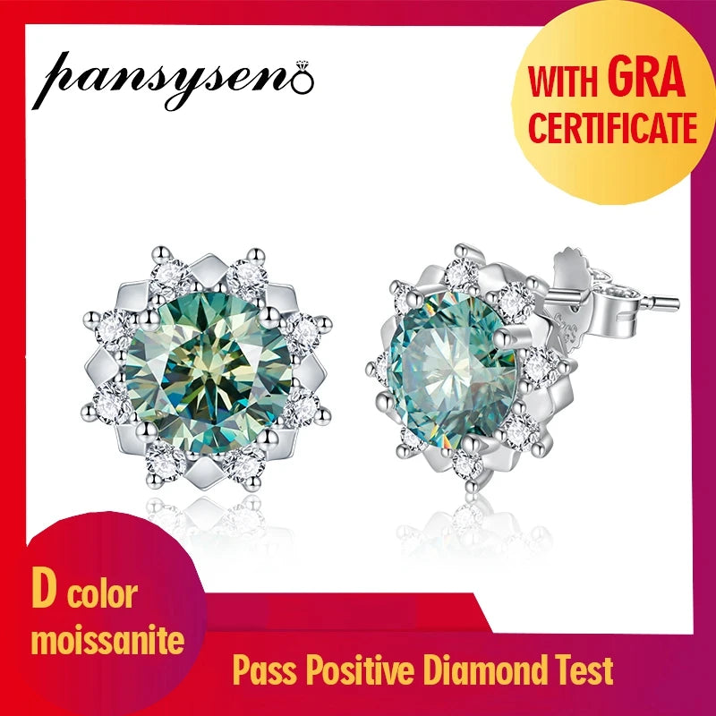 Stud Earrings With Blue Green Moissanite 2 Carat Total Elegant Timeless Style Gift