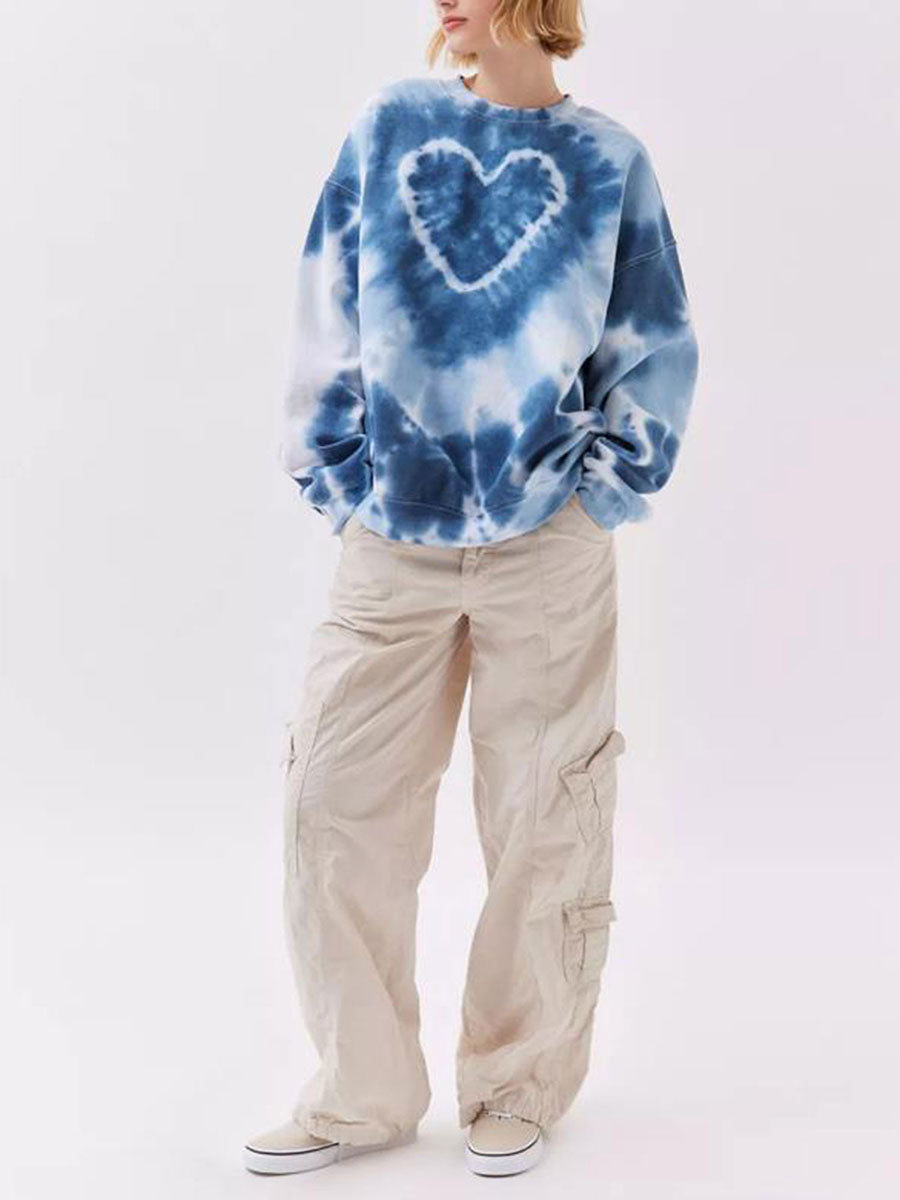Women's Spring and Autumn Loose Heart Tie Dye Round Neck Sweatshirt Long Sleeve Heart Tie Dye Printed Round Neck Sweatshirt