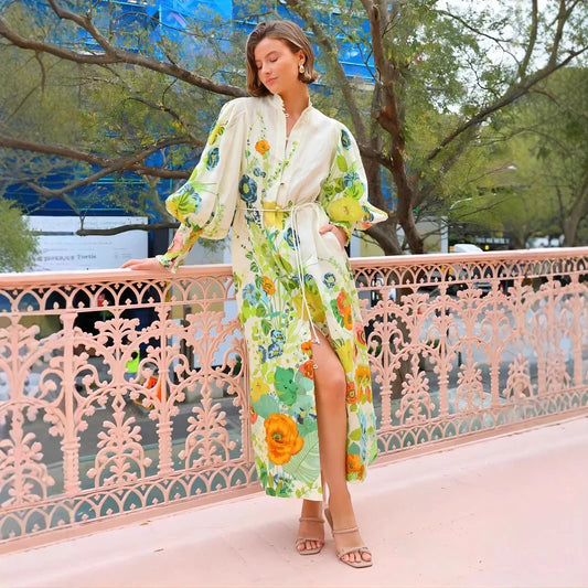 Waist-Cinching Long Lantern Sleeve Printed Dress with Belt Single Button Closure Independent Station Cross-Border Hot Sale Of Th