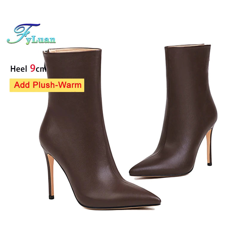 Elegant Plus Size Leather Pointed Toe High Heel Ankle Boots for Women
