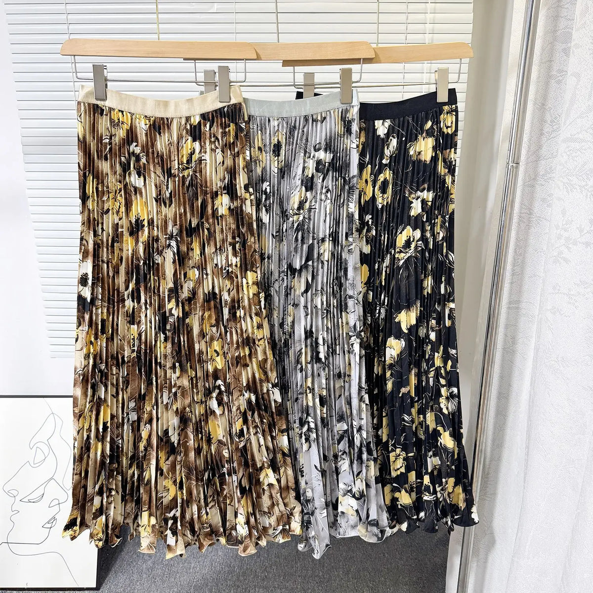 Floral Ruffle A Line Midi Skirt with Elastic Waist for Women