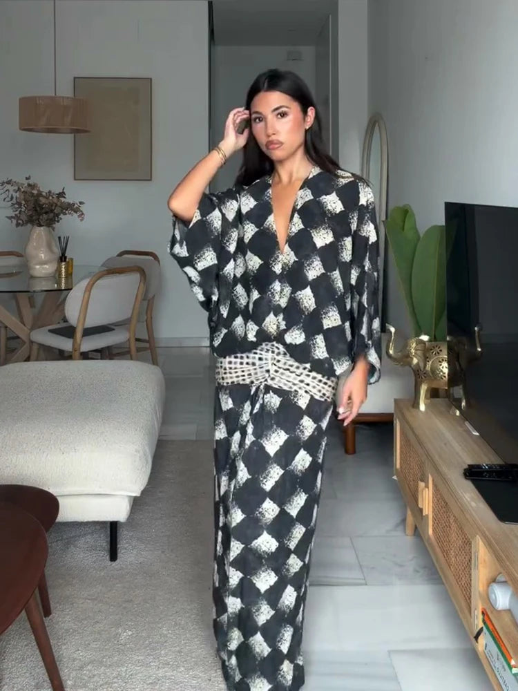 Casual Patchwork Print V Neck Maxi Dress for Women