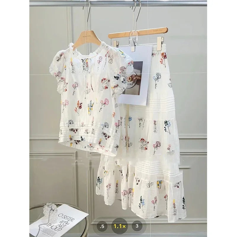 Floral Print Puff Sleeve Blouse and Patchwork Midi Skirt Two Piece Set for Women