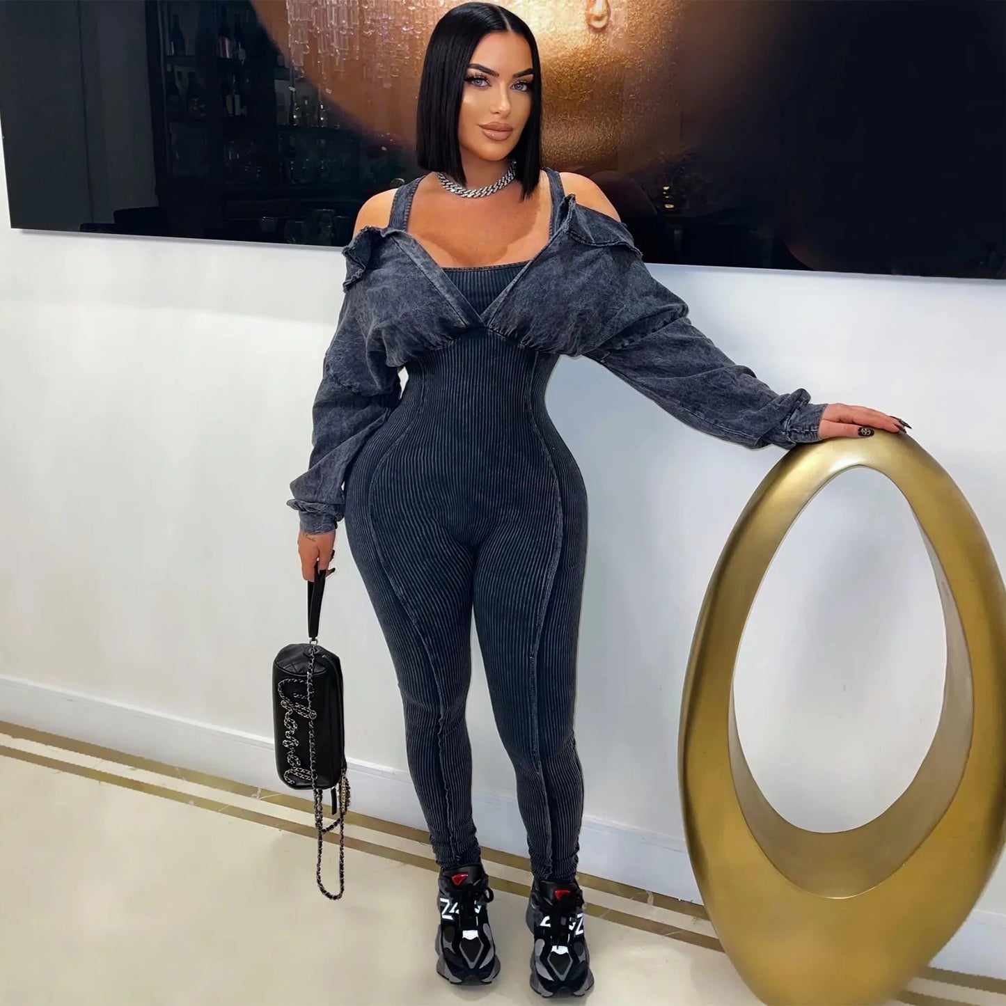 CM.YAYA Fashion Women Knit Ribbed Long Sleeve Moto Biker Jumpsuits Strap Autumn Washed Streetwear Slim One Piece Suit Romper
