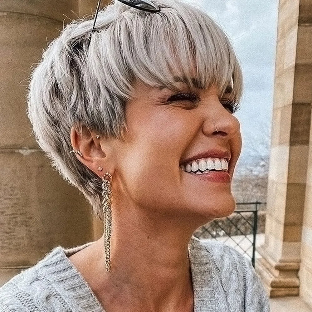 Grey Pixie Cut Human Hair Wig With Bangs For Women