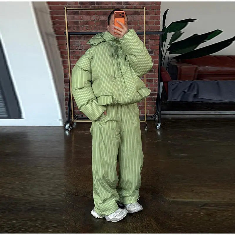 Striped Hooded Puffer Jacket and Wide Leg Pants Set for Women