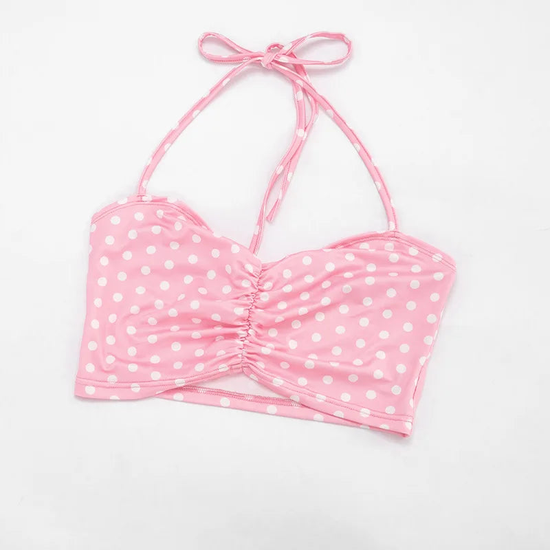 Polka Dot Two Piece Set with Halter Crop Top and Shorts for Women