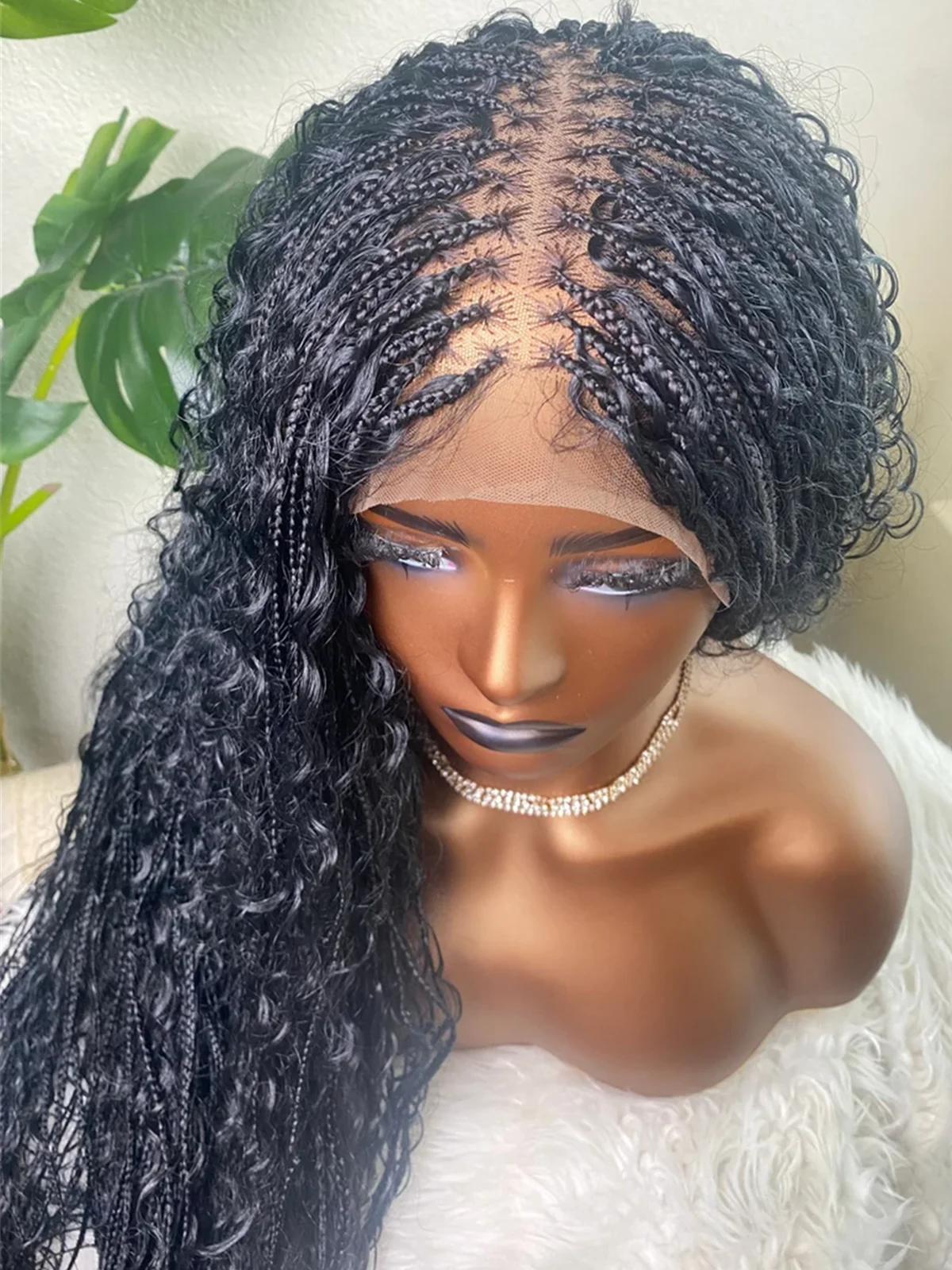 32inch Black Boho Braided Full Lace Wig with HD Lace Crochet Faux Locs Swiss HD Lace Wig for Women