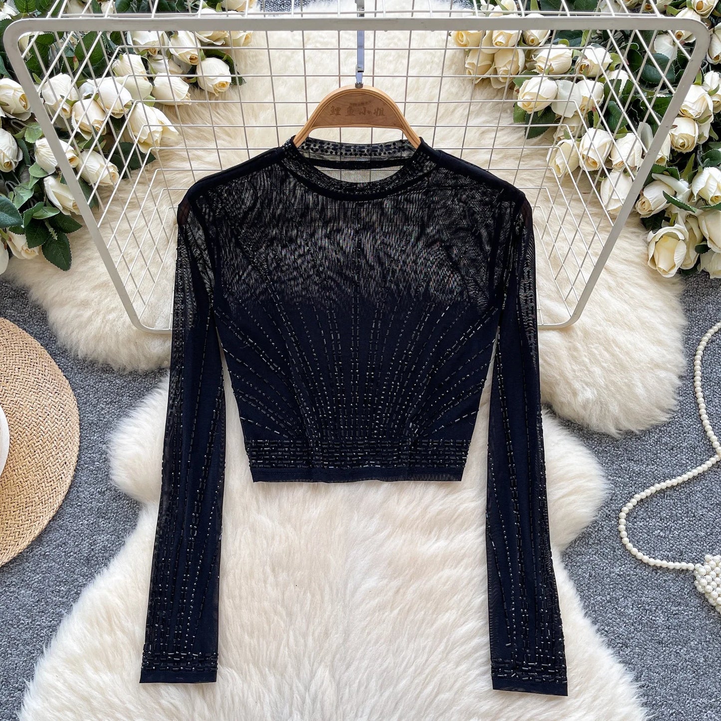 Leopard Print Rhinestone Mesh Long Sleeve Crop Top for Women