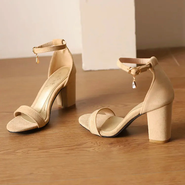 Beige Suede Rhinestone Block Heel Sandals
