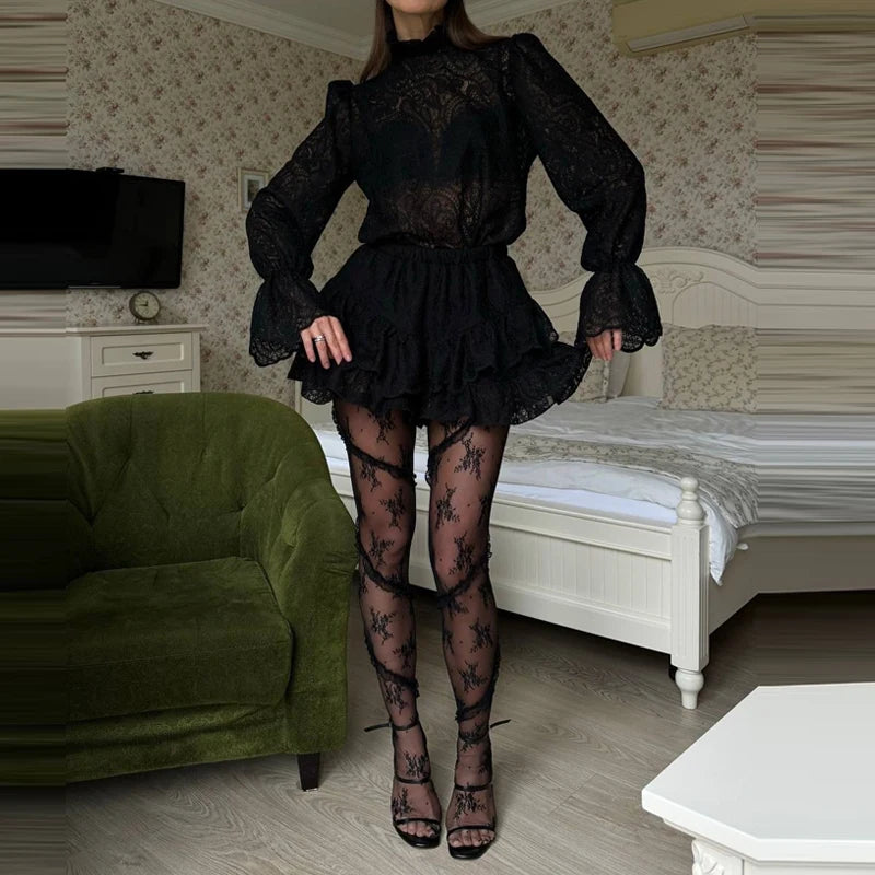 Embroidered Stand Collar Shirt And Skirt Set for Women