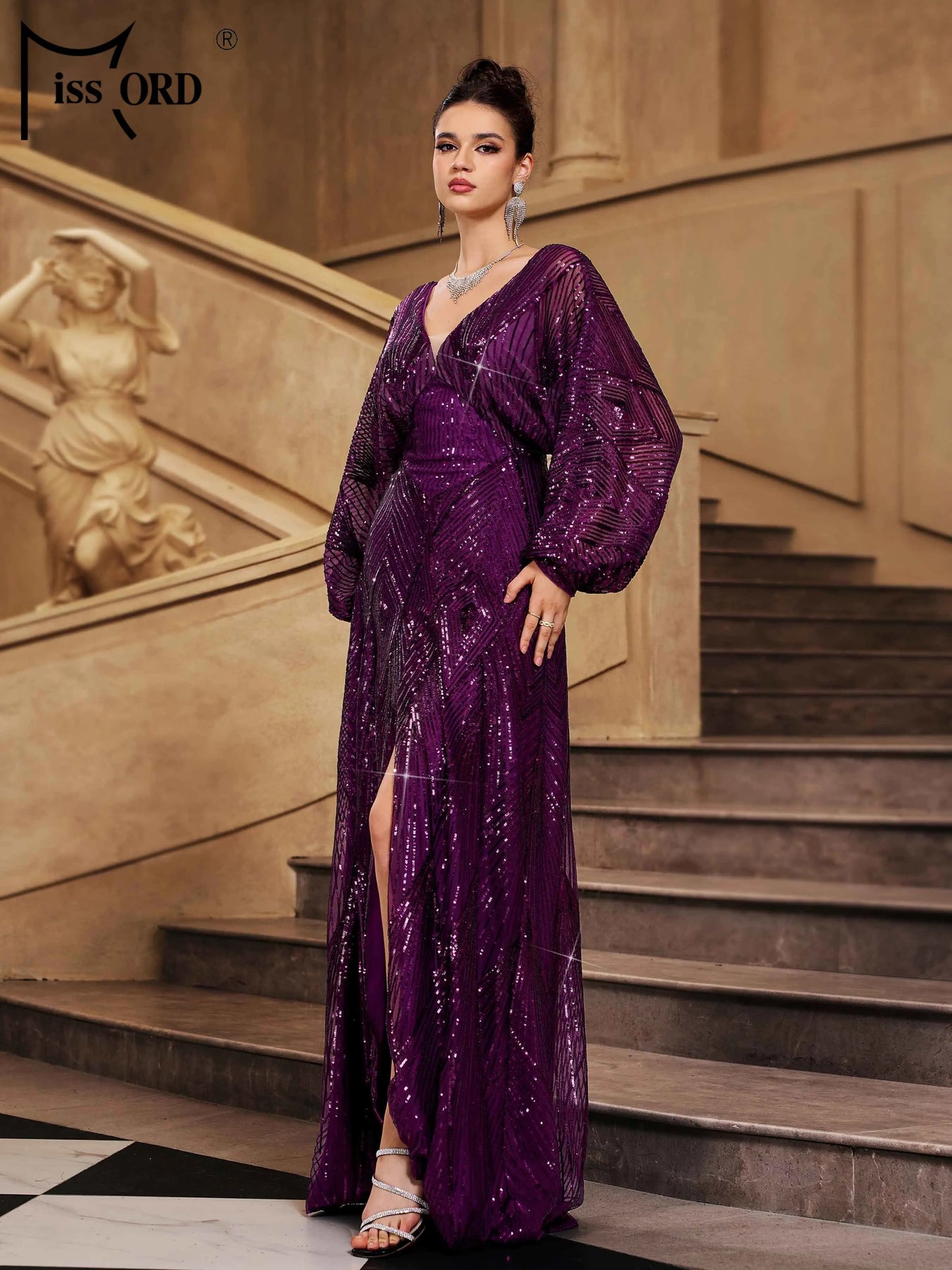 Missord Purple V Neck Lantern Sleeve Split Evening Gown Wedding Birthday Party Formal Occasion High Quality Luxury Maxi Dress