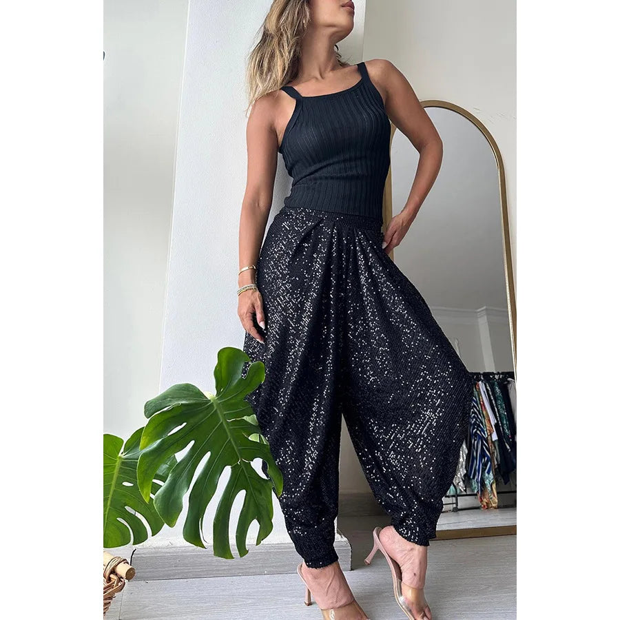 Women Elastic Waist Bloomers Spring Summer Sequins Patchwork Trousers Loungewear Fashion Solid Loose Ladies Streetwear