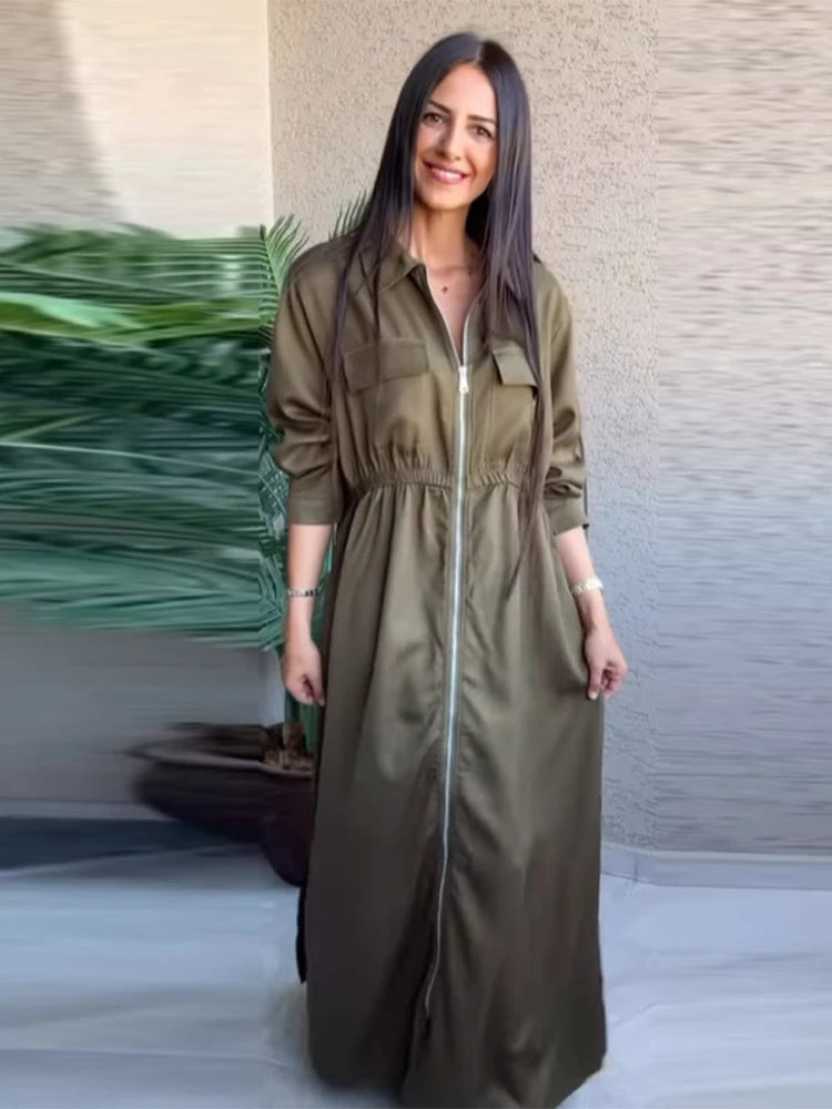 Women's Fashion Zipper Waist Long Dress Casual Solid Laple Full Sleeve A-line Long Robe Lady 2025 Autumn Chic Loose Streetwear